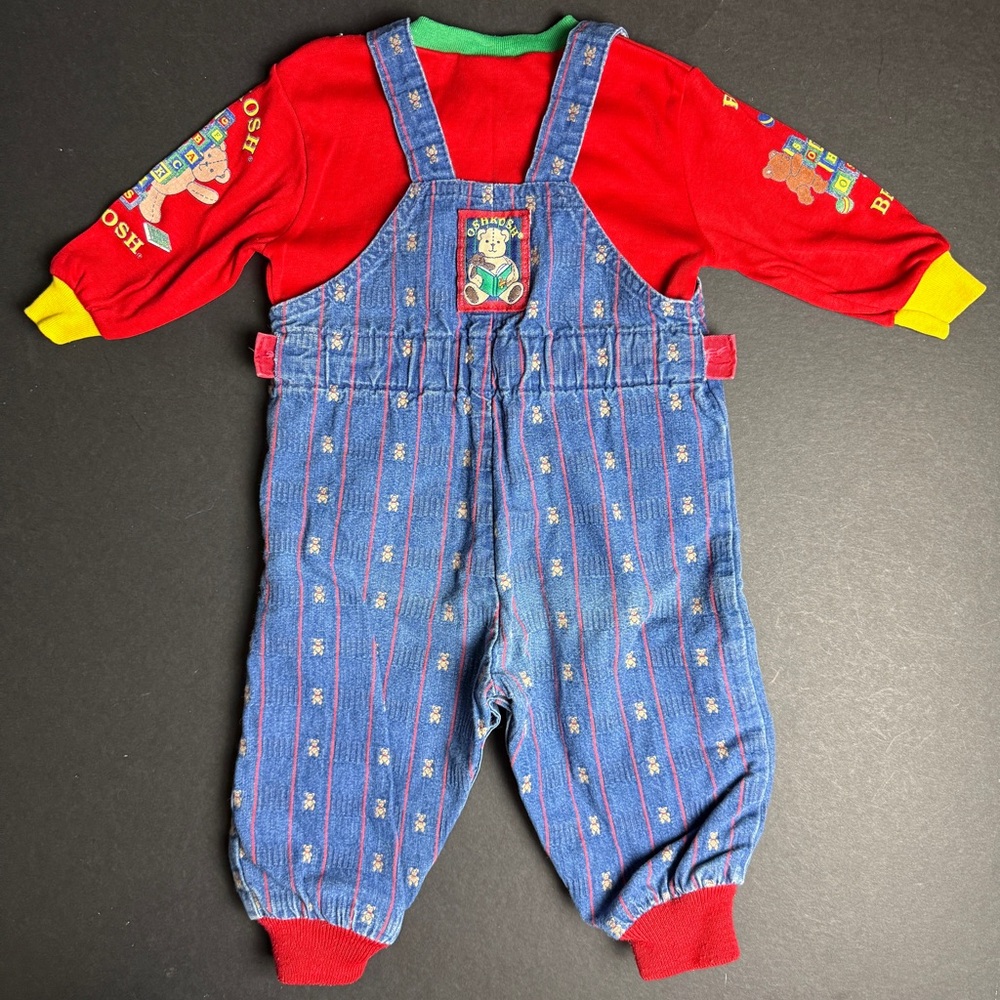 Vintage Osh Kosh B'Gosh Teddy Bear Stripe Denim Toddler 18 Months 80’s Rare SET
